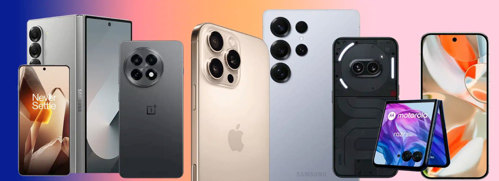 Various smartphone models displayed against a colorful gradient background